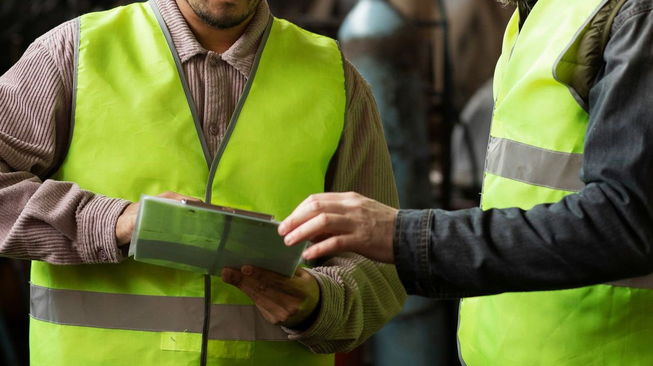 Two men wearing safety vests and hard hats